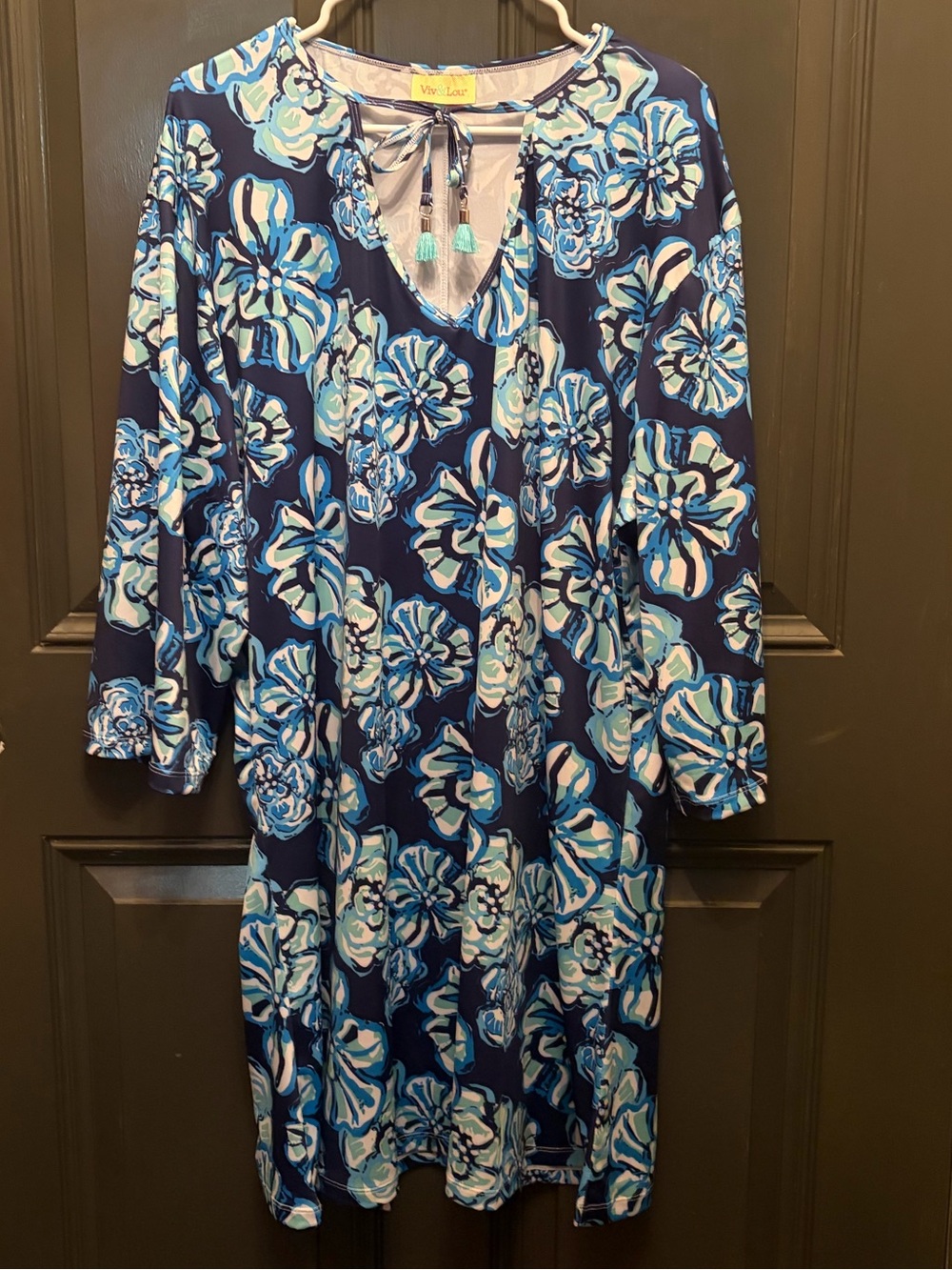 Viv & Lou - Navy Blue Floral Tunic Dress with Tassel Accent - Size XXL